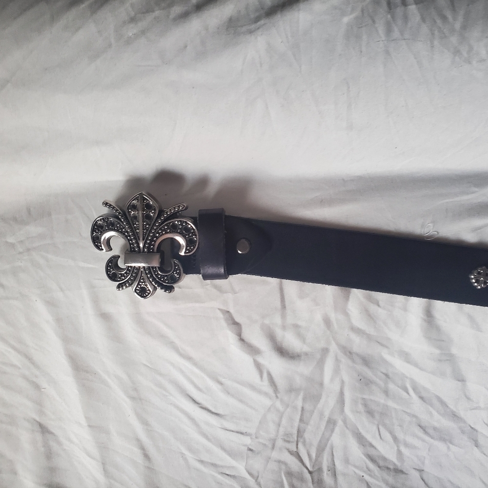 Chrome Hearts Black Belt with Silver Fleur-de-Lis Buckle